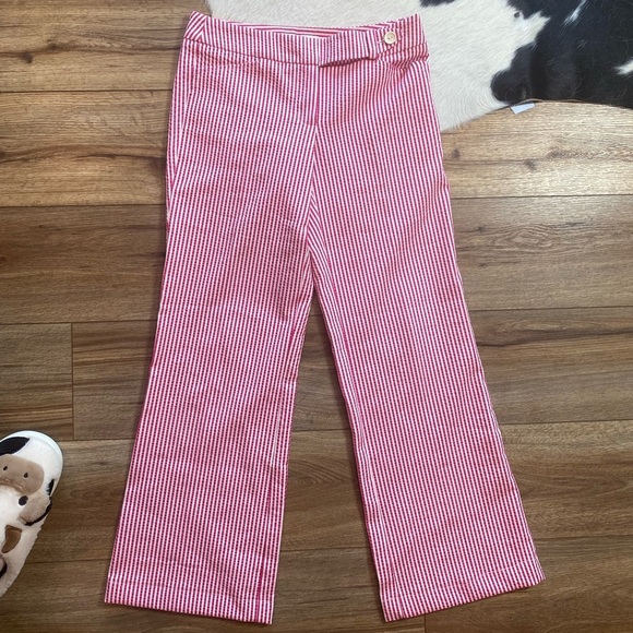 Trina Turk's bright pink and white striped seersucker wide leg pants - Picture 1 of 10